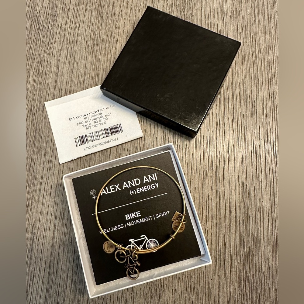 NWOT Alex & Ani Bike Charm Bangle Bracelet - Gold -  Bloomingdale's Box